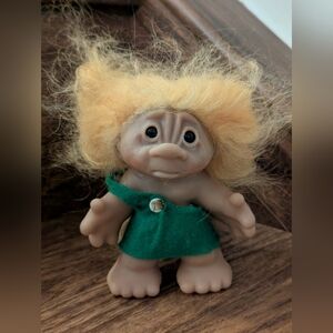 1968 DAM Sad Face Playmate Troll Black Glass Eyes Felt Dress Mohair Hair